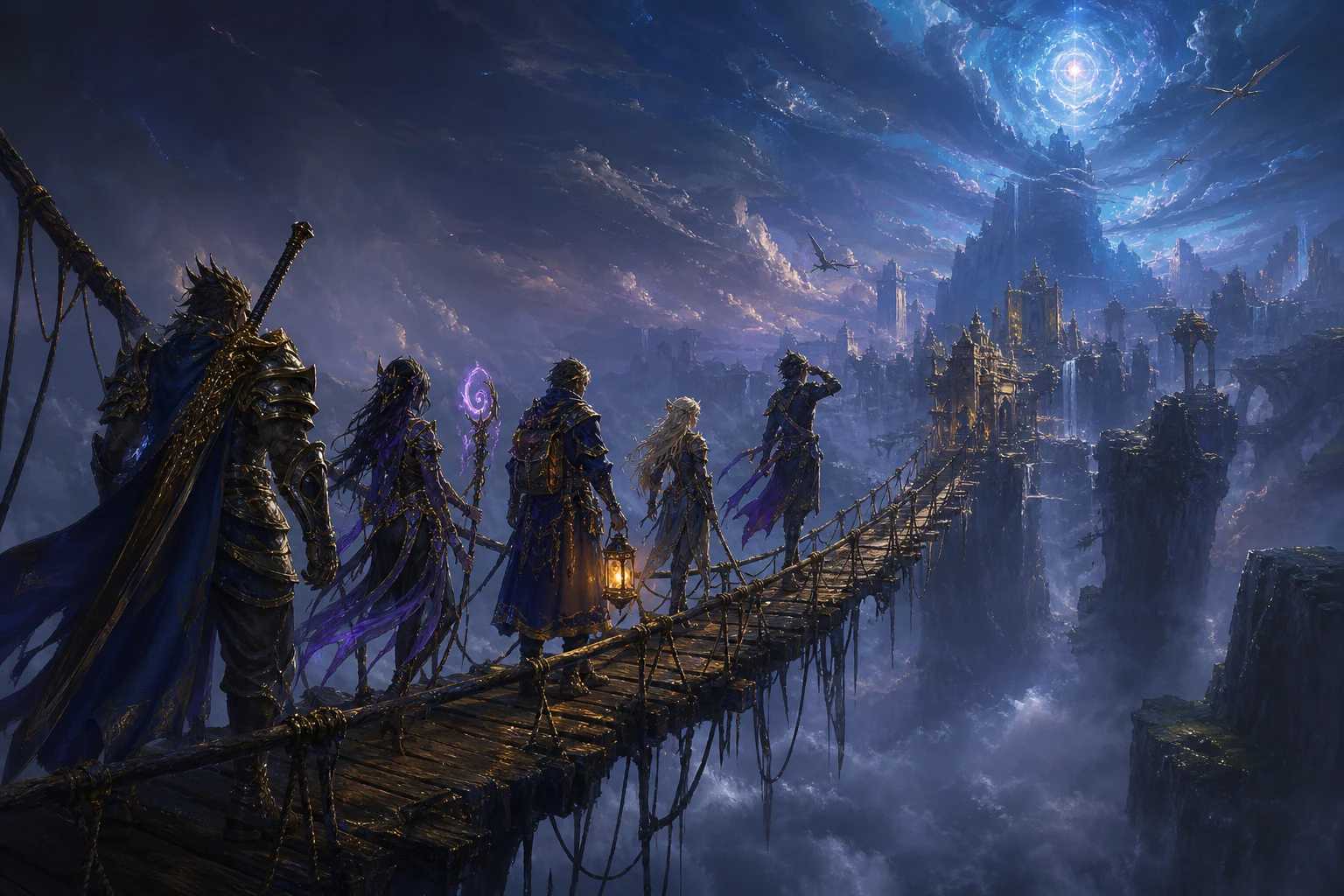A fantasy guild expedition crossing a bridge toward a distant city