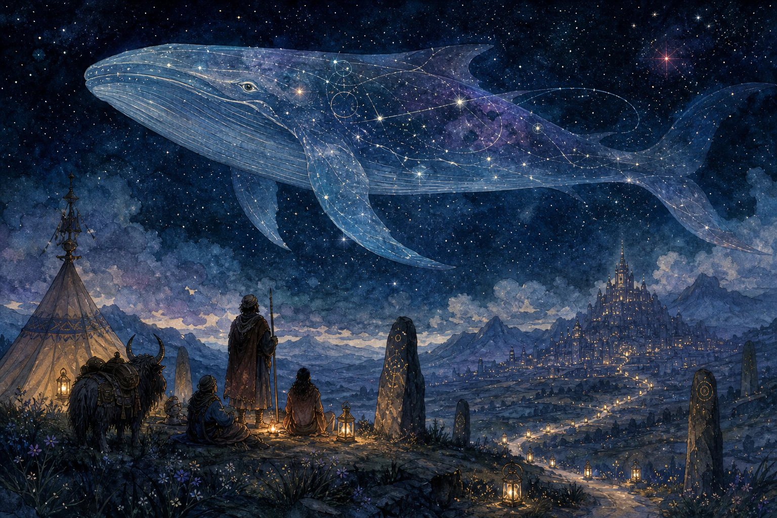 Night caravan beneath a glowing astral whale crossing a starry sky