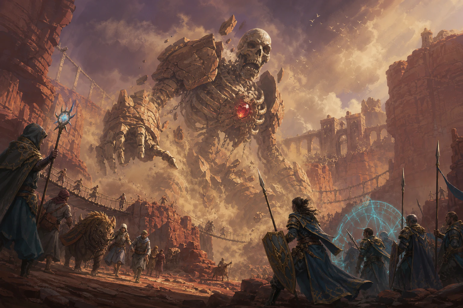 Massive bone colossus rising above a canyon as adventurers defend travelers