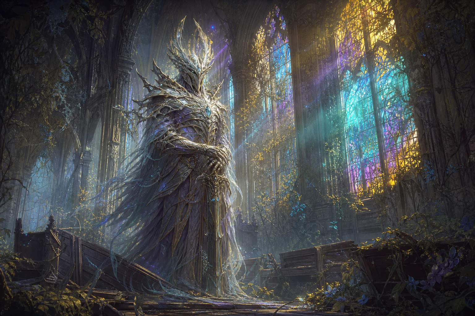 Ghostly sentinel inside a ruined cathedral