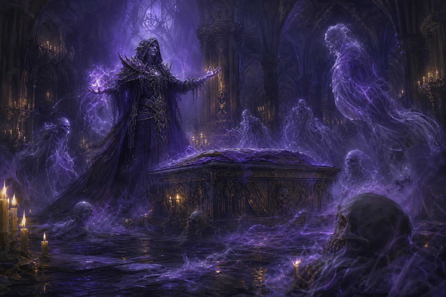 Necromancer summoning spirits in a candlelit crypt