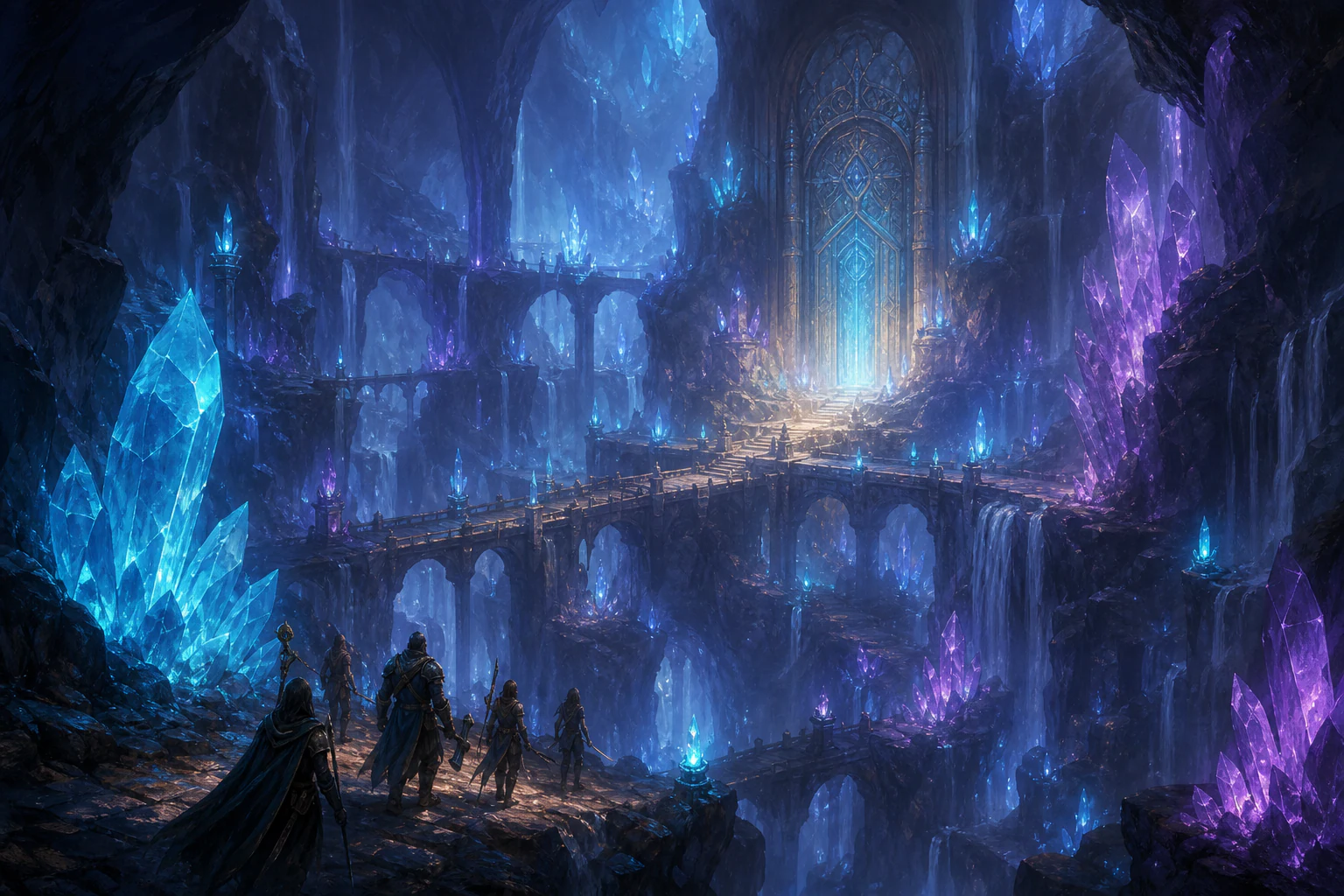 Vast crystal cavern with bridges and waterfalls
