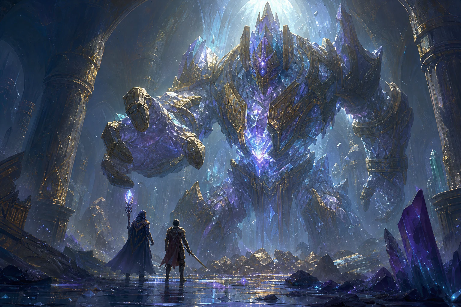 Immense crystal golem awakening in an underground temple