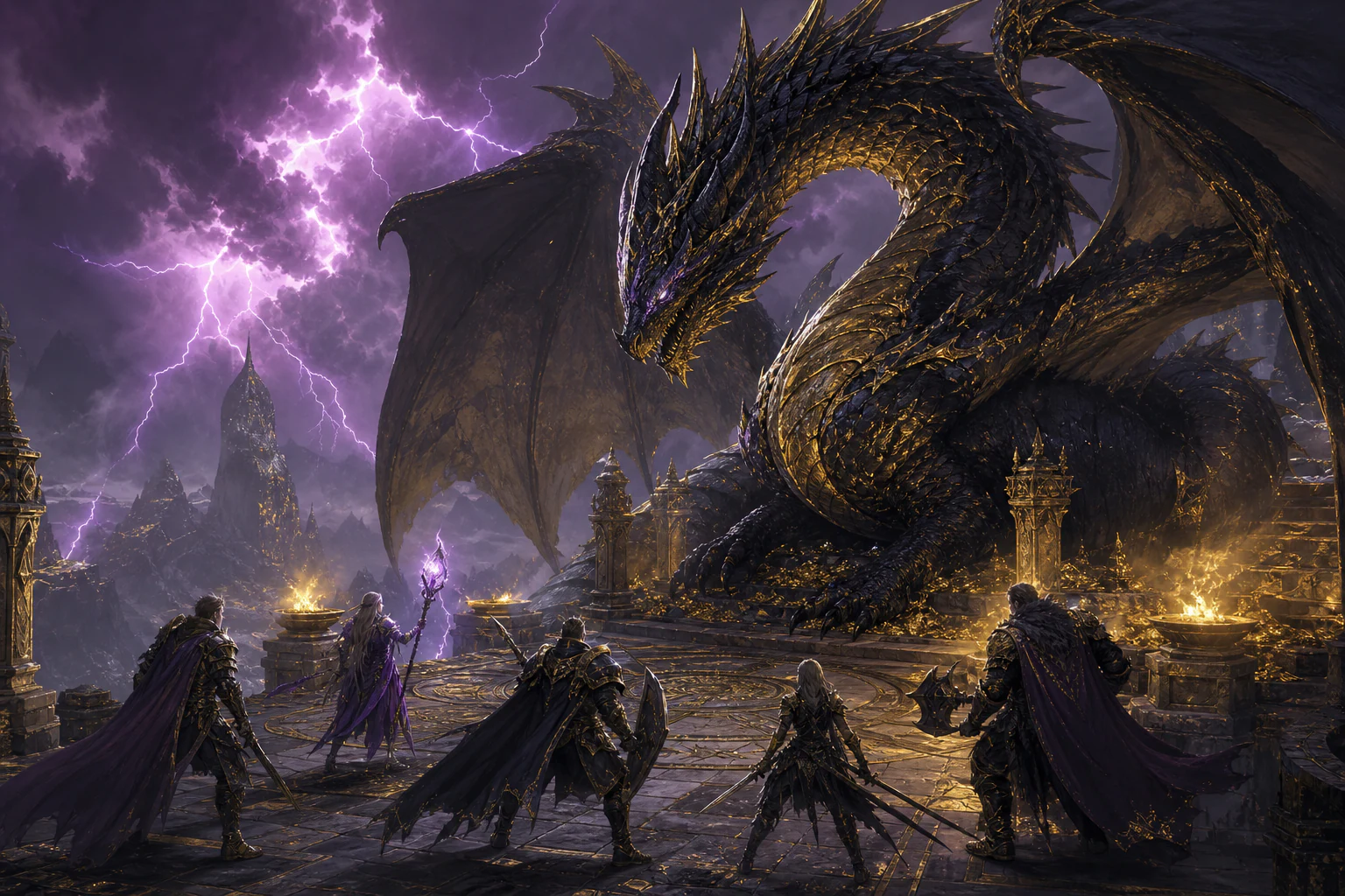 Guild party confronting an obsidian dragon