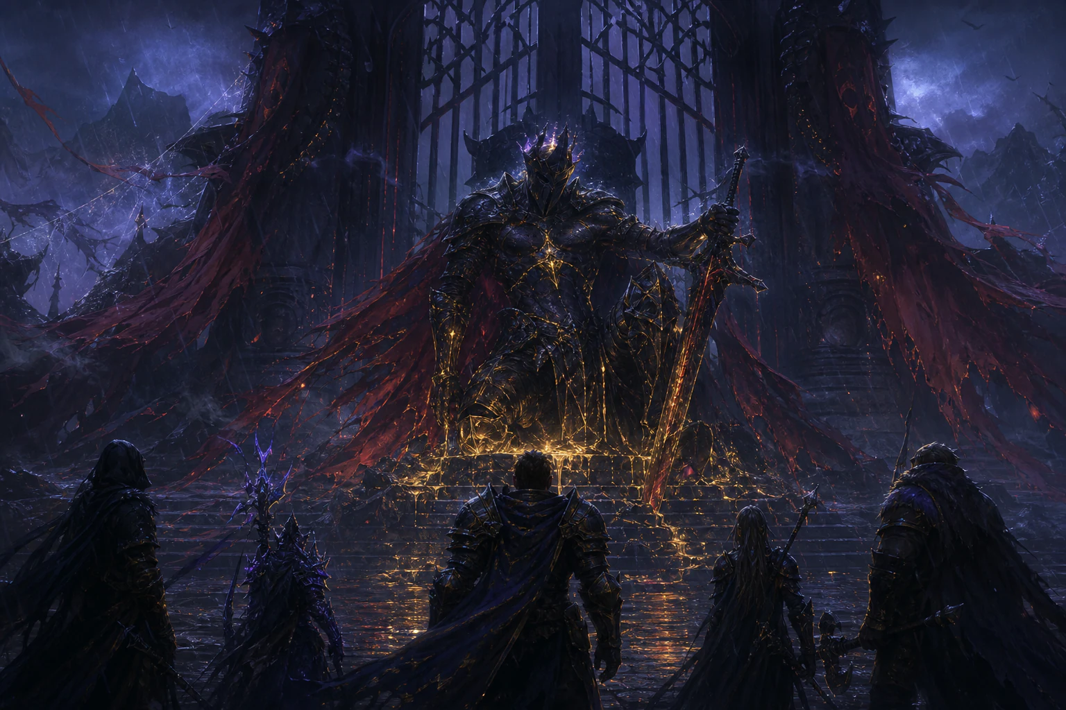 Armored fallen warlord before a black gate