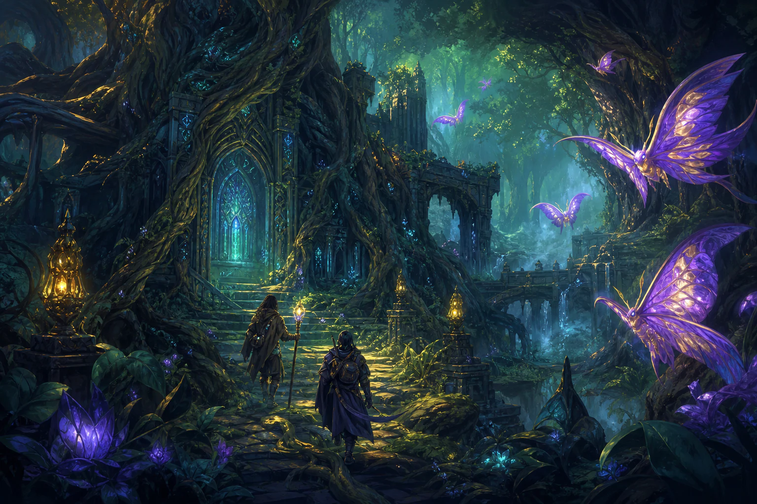 Magical forest ruins with violet lantern moths