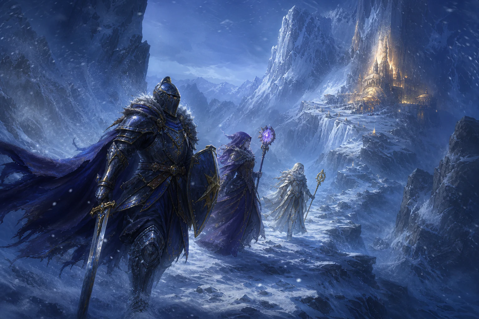 Adventurers crossing a frozen mountain pass