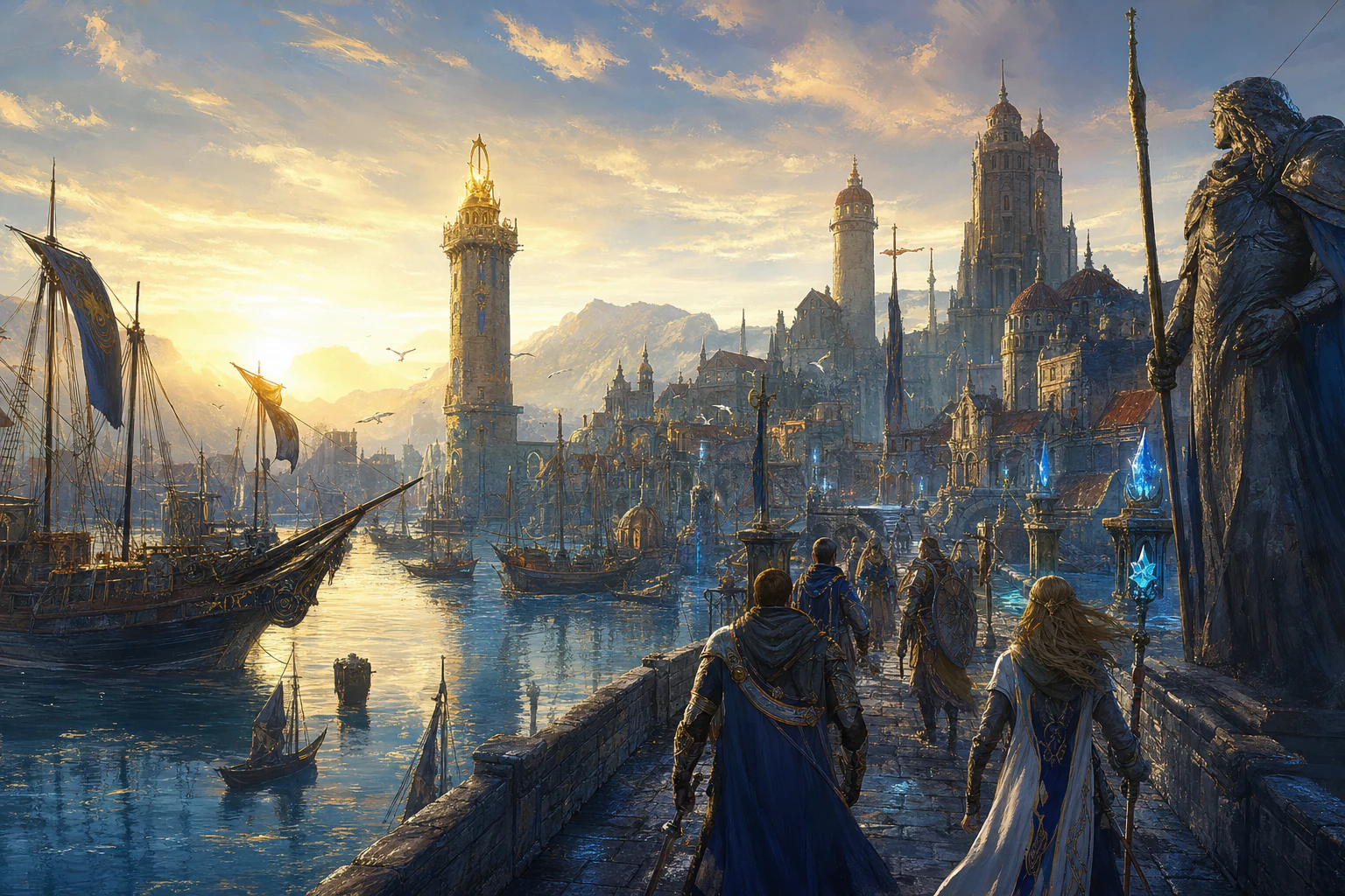 Golden fantasy harbor at sunrise