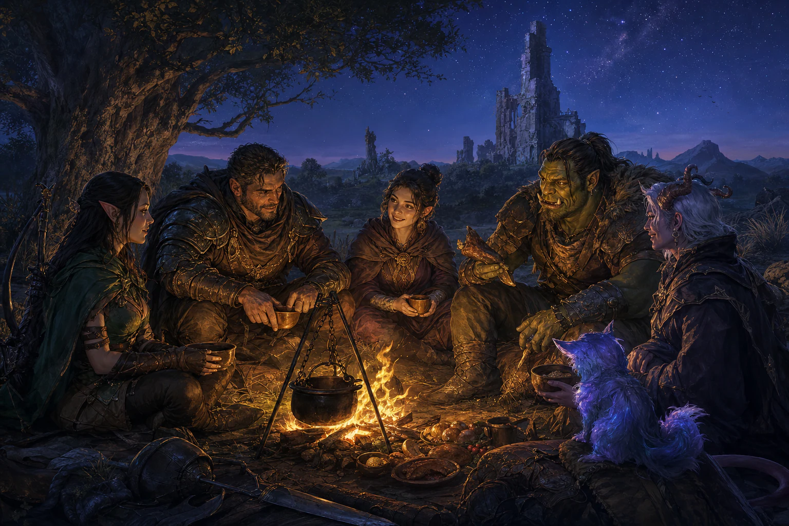 Guild adventurers resting around a campfire