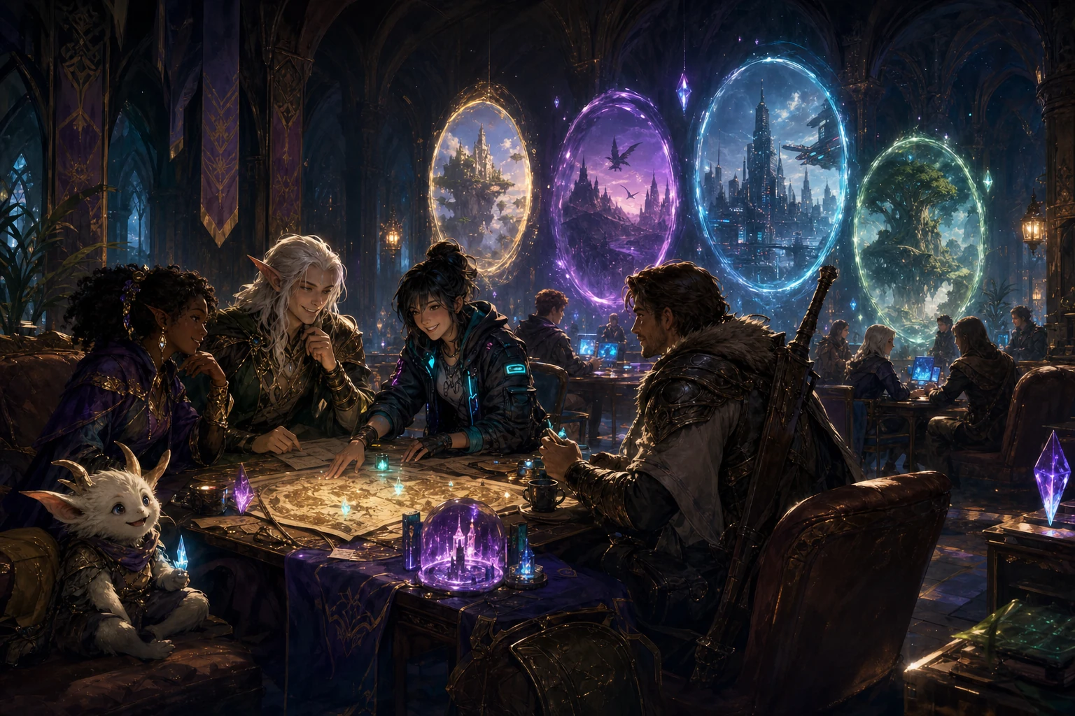 Lumina friends gathering in an arcane lounge with portals leading to different game worlds