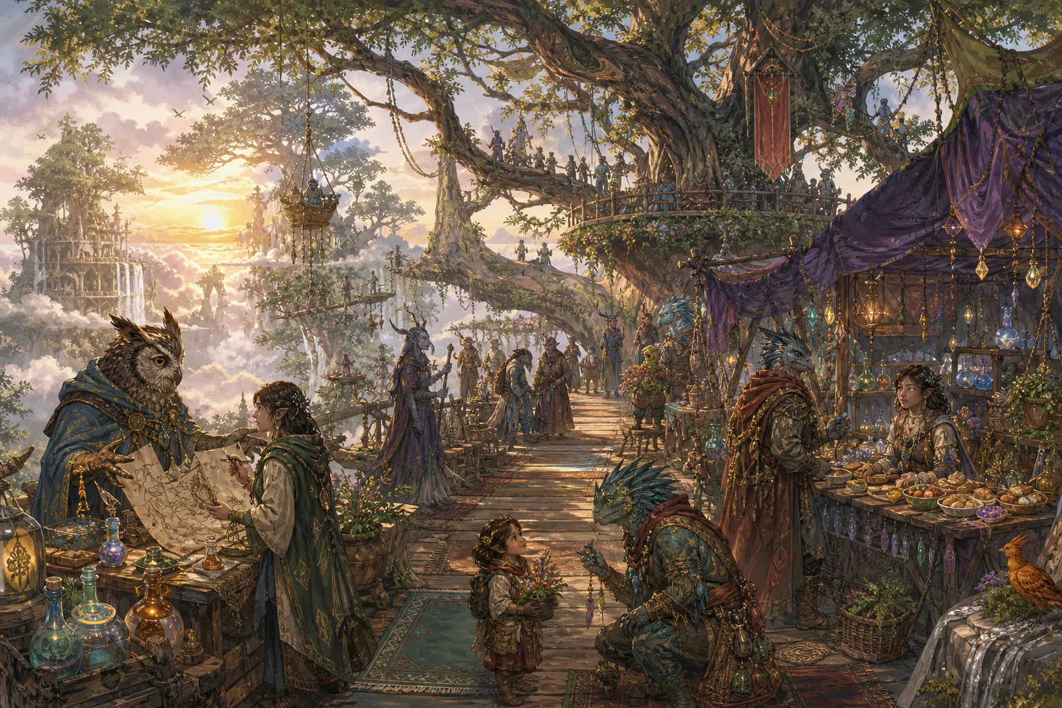 Fantasy market populated by humans and creatures in the branches of a giant tree