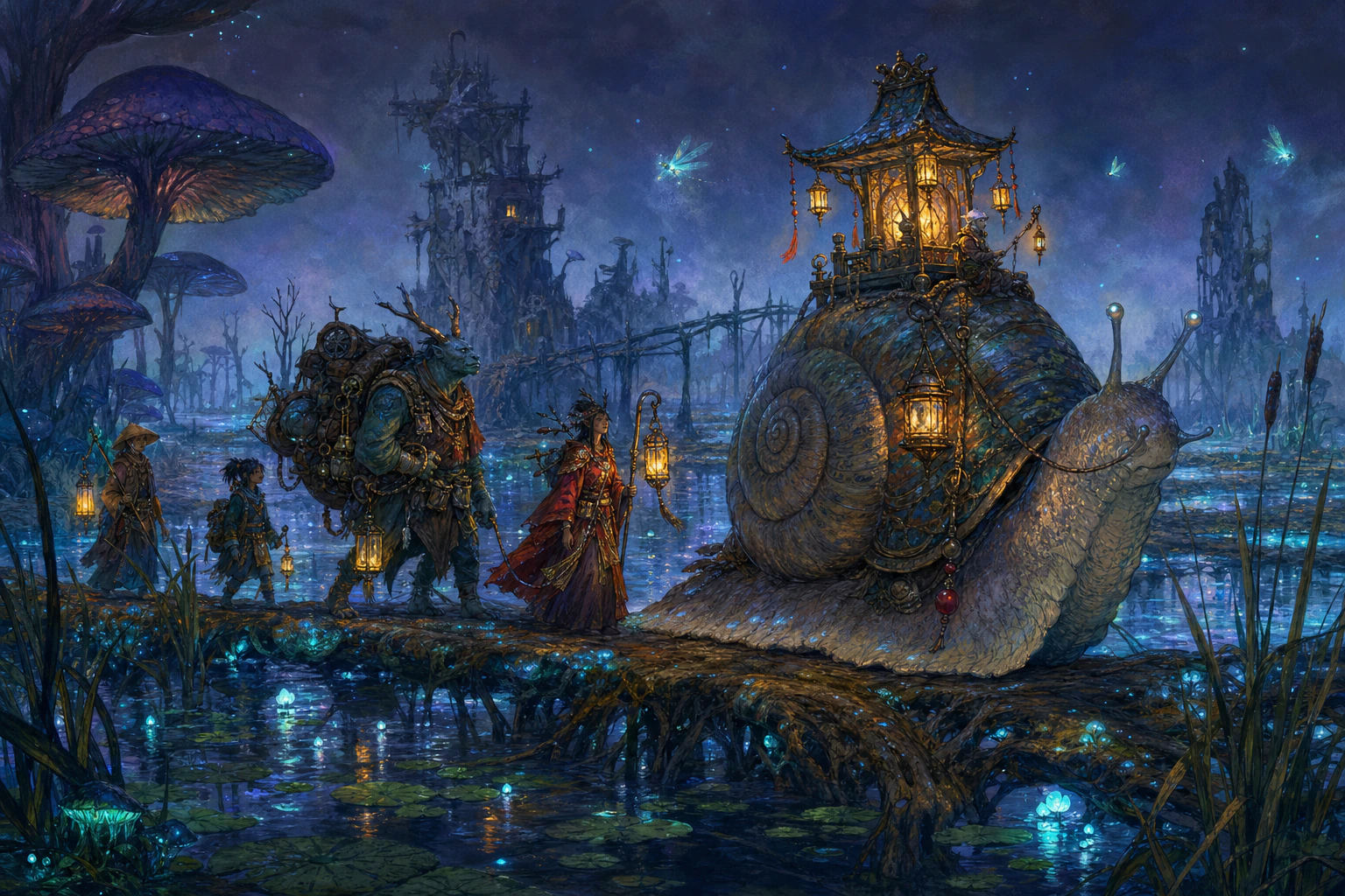 Travelers crossing a luminous marsh beside a giant lantern-bearing snail