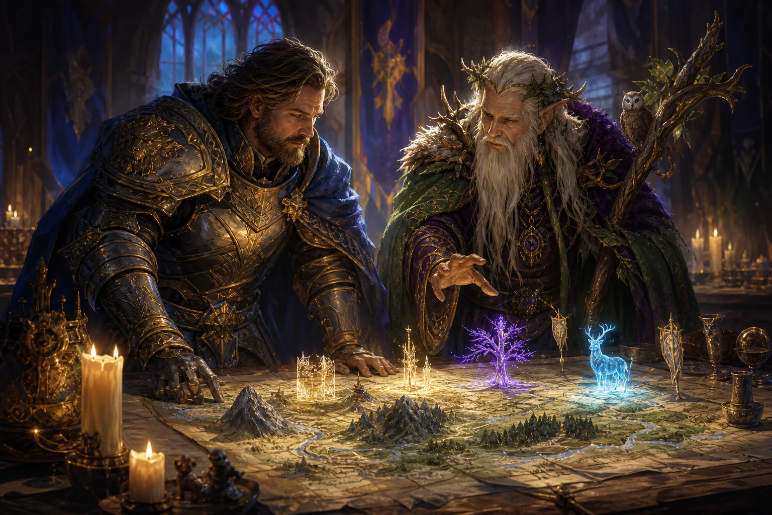 Knight and druid planning over a magical map