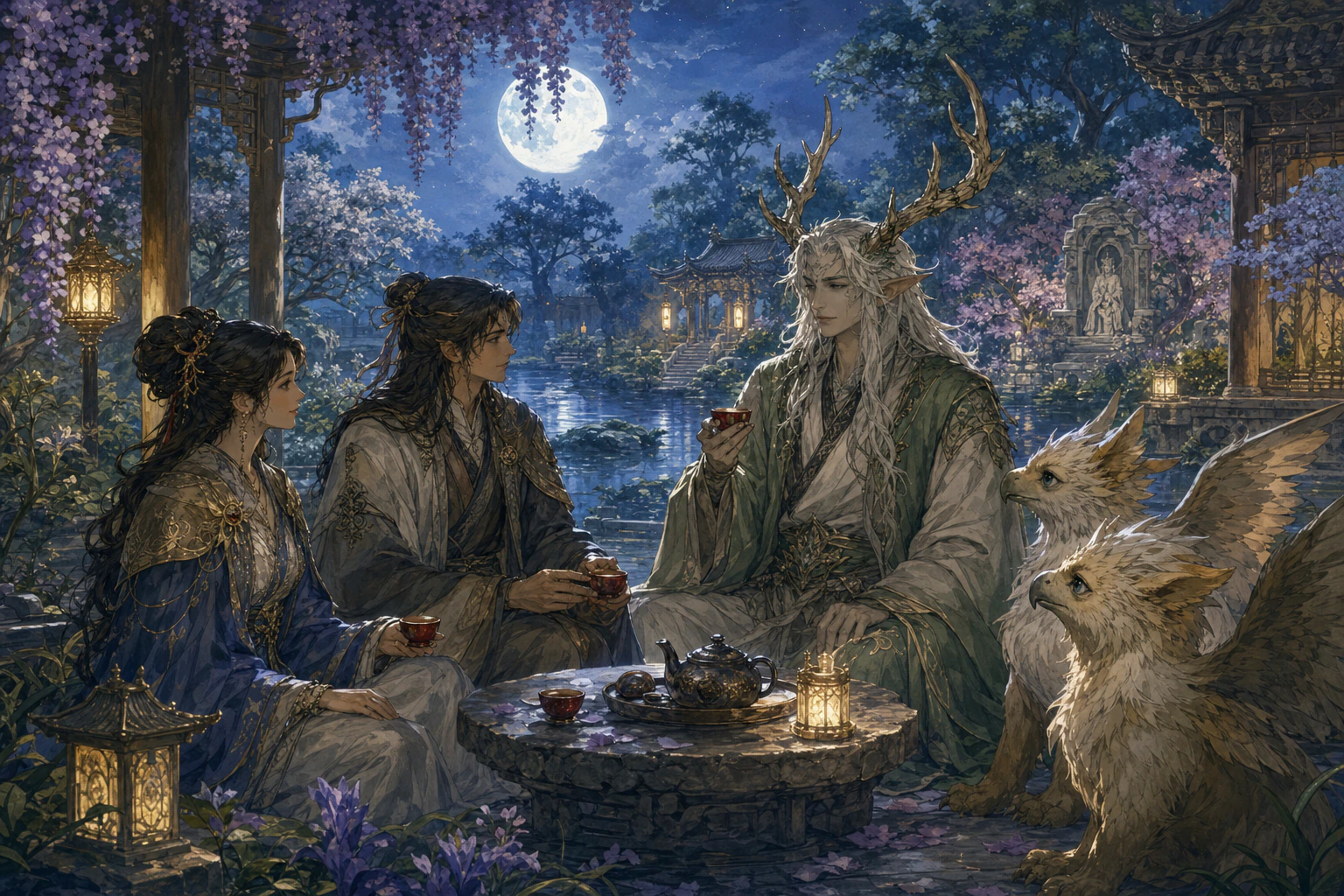 Guild envoys sharing tea with a forest guardian and young griffins in a moonlit garden