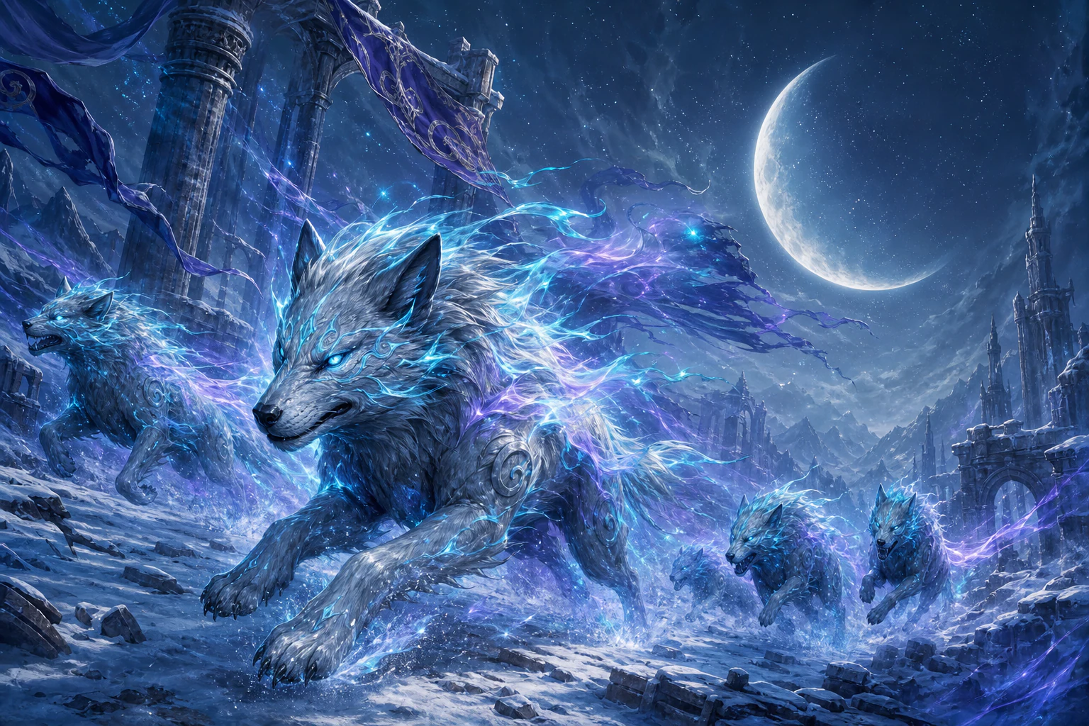 Spectral moon wolves racing through snowy ruins