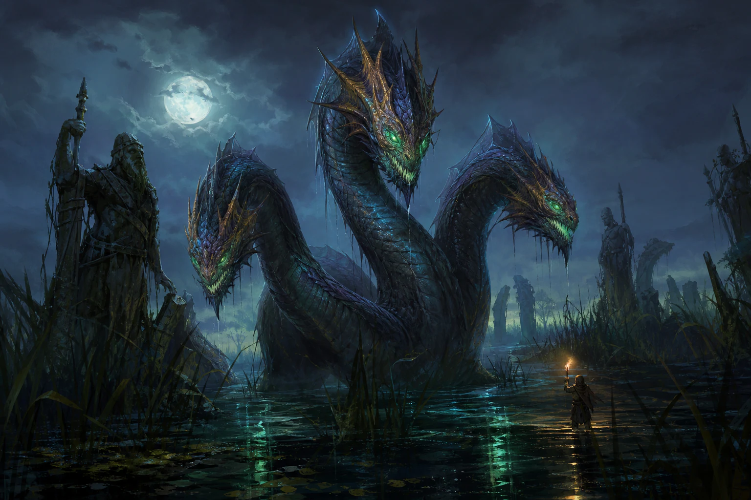 Three-headed hydra in a moonlit swamp