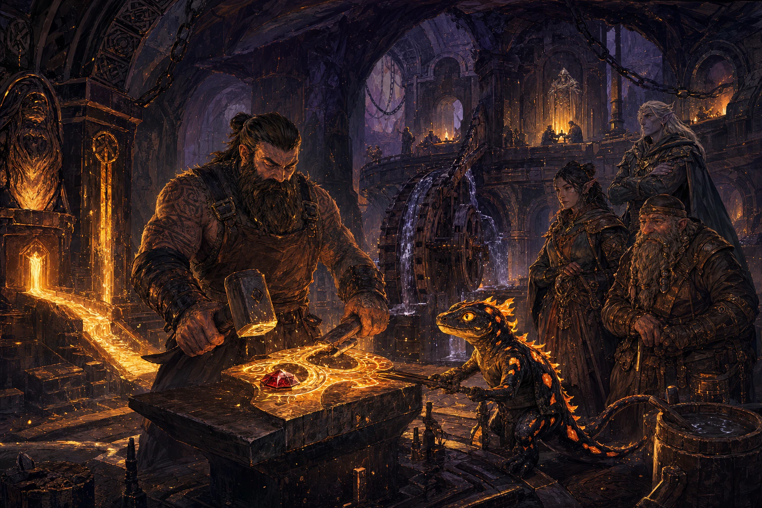Fantasy artisan and fire salamander crafting a relic in an underground forge