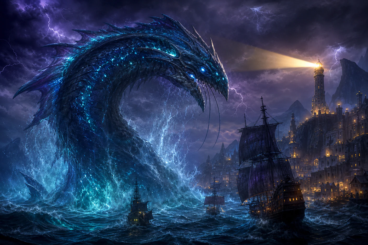 Sea leviathan surfacing near a stormy harbor