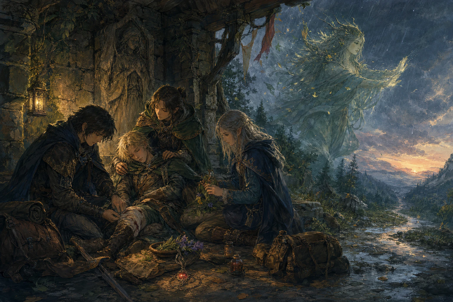 Fantasy party tending an injured companion beneath a ruined shrine