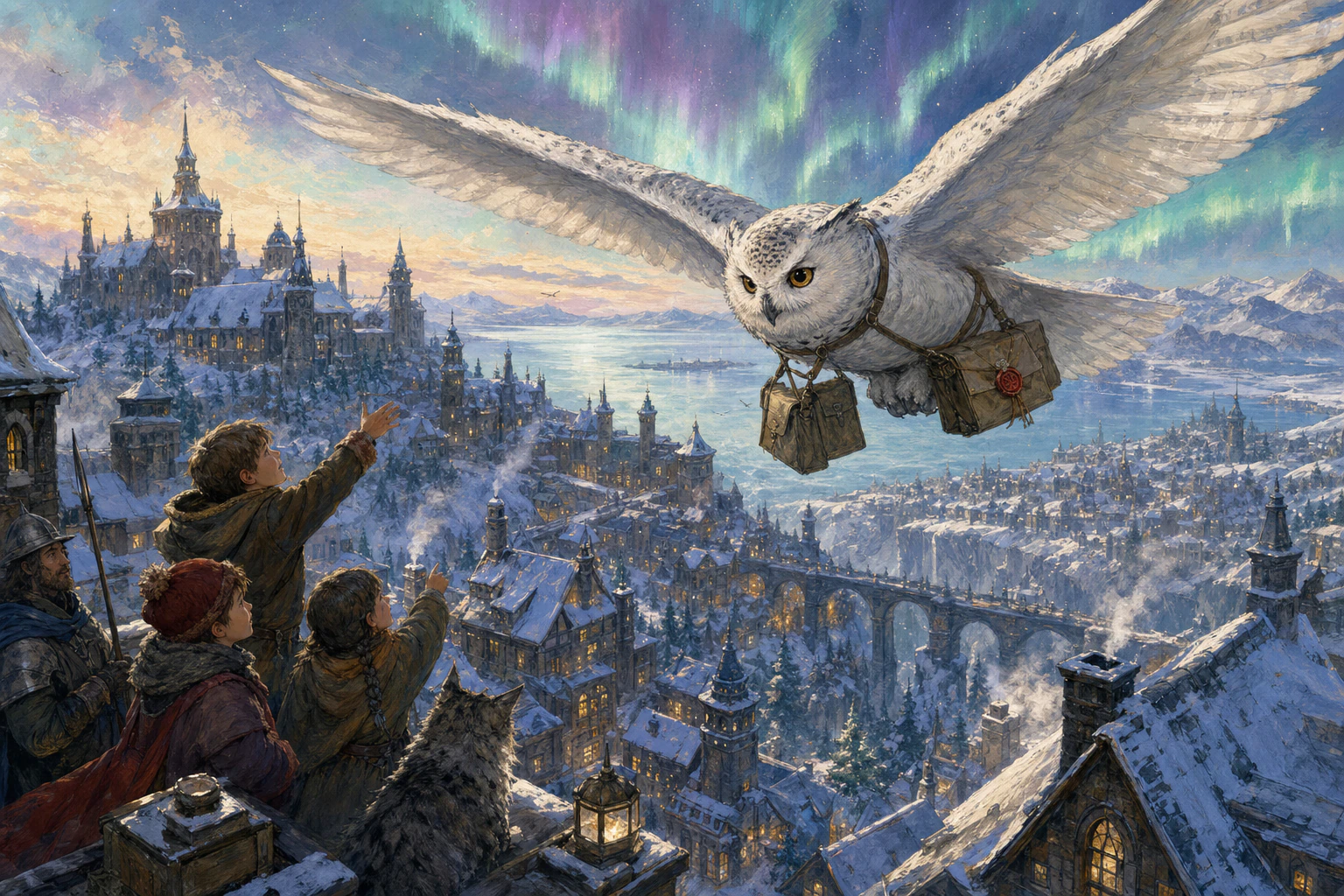 Colossal white owl carrying guild satchels above a snowy fantasy city