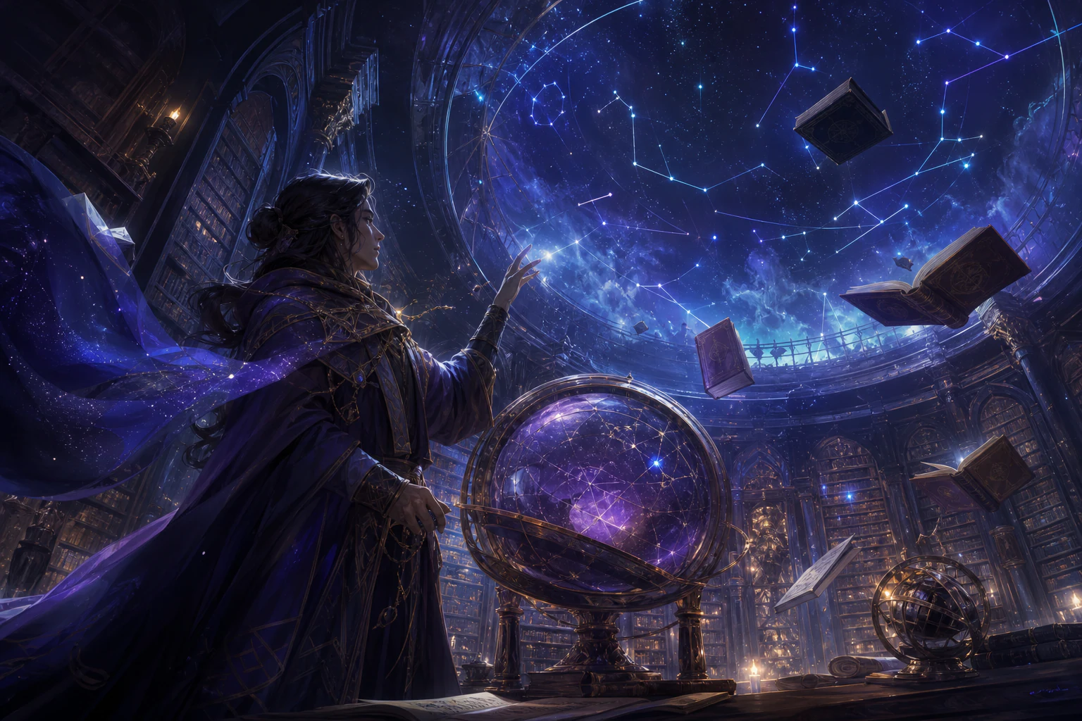 Mage studying constellations in a magical library