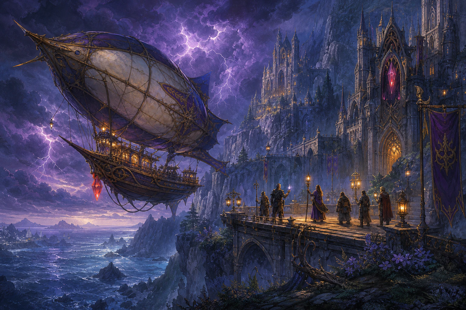 Fantasy skyship approaching a cliffside guild citadel in a violet storm