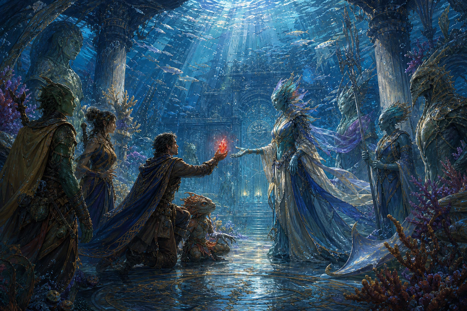 Guild envoys meeting aquatic guardians inside a submerged fantasy temple