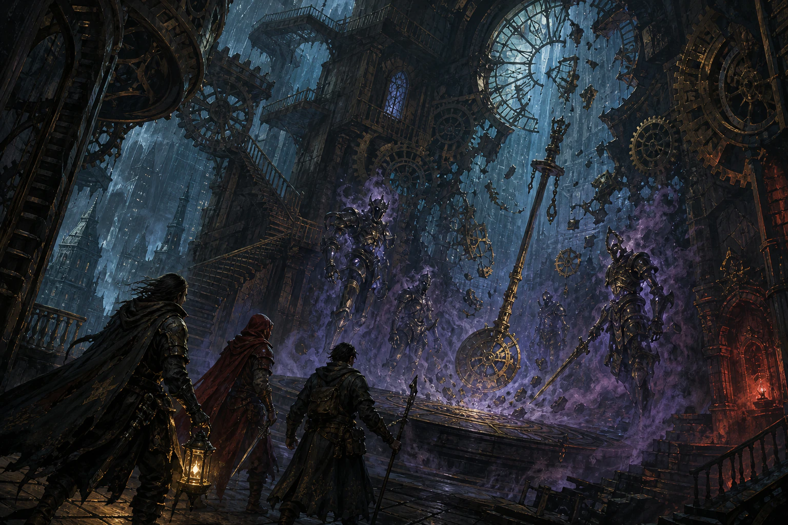 Adventurers facing spectral armor inside a broken fantasy clocktower