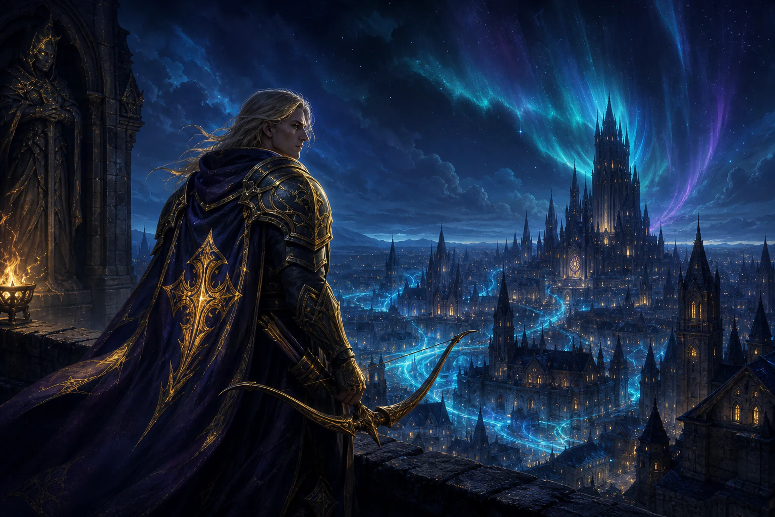 Paladin standing watch above a fantasy city