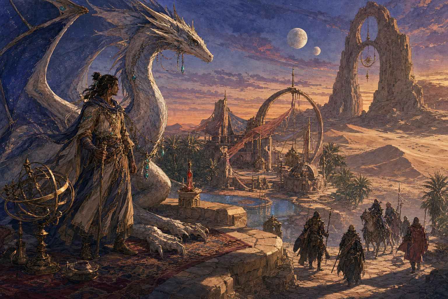 Desert keeper and celestial wyvern greeting a guild expedition
