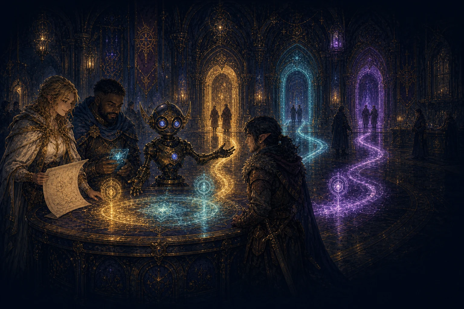 Luminox guiding three visitors toward product guidance, technical support and Lumina guild membership inside a fantasy guild hall