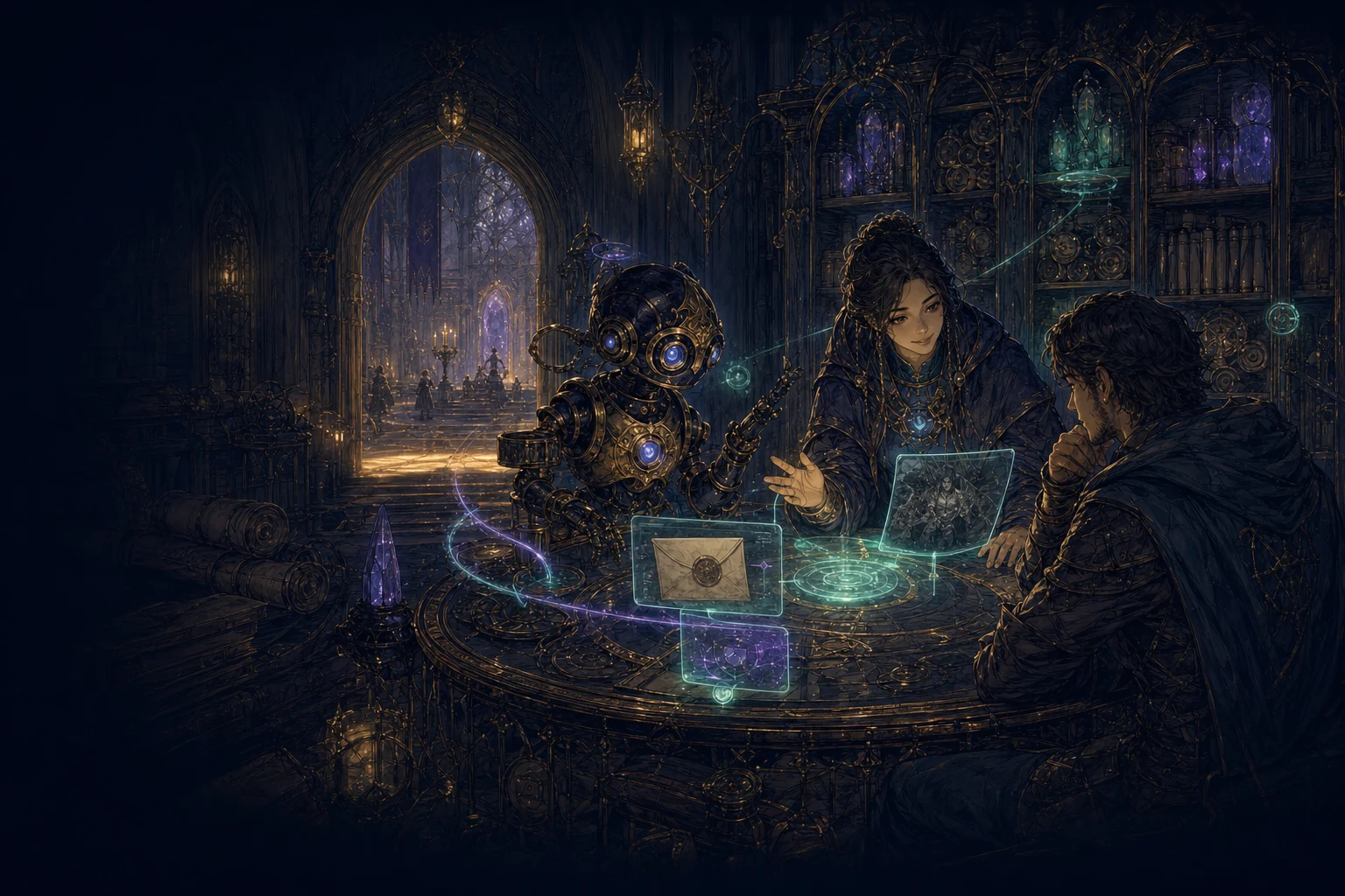 A Luminox assistant and a guild support guide helping an adventurer inside a private fantasy archive