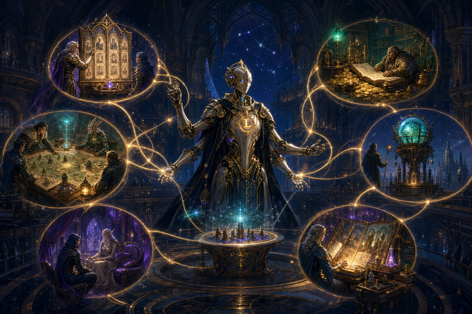 Luminox coordinating the complete network of Lumina guild systems inside an arcane archive
