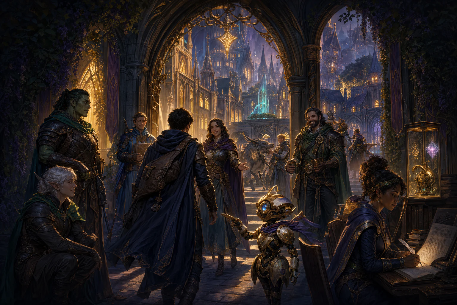A new Lumina adventurer welcomed through the guild citadel gate by members and Luminox