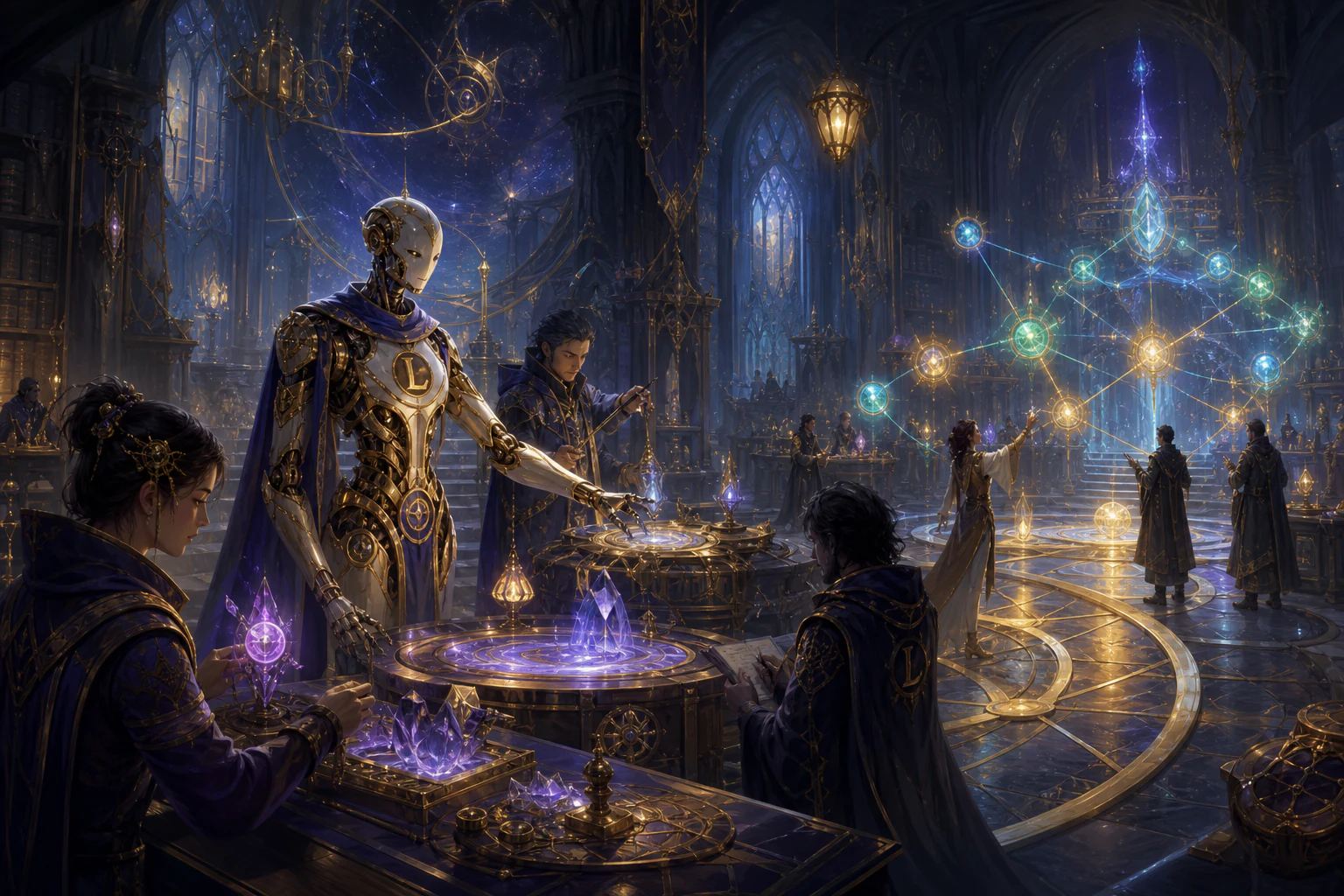 Lumina members refining Luminox systems inside an arcane guild workshop