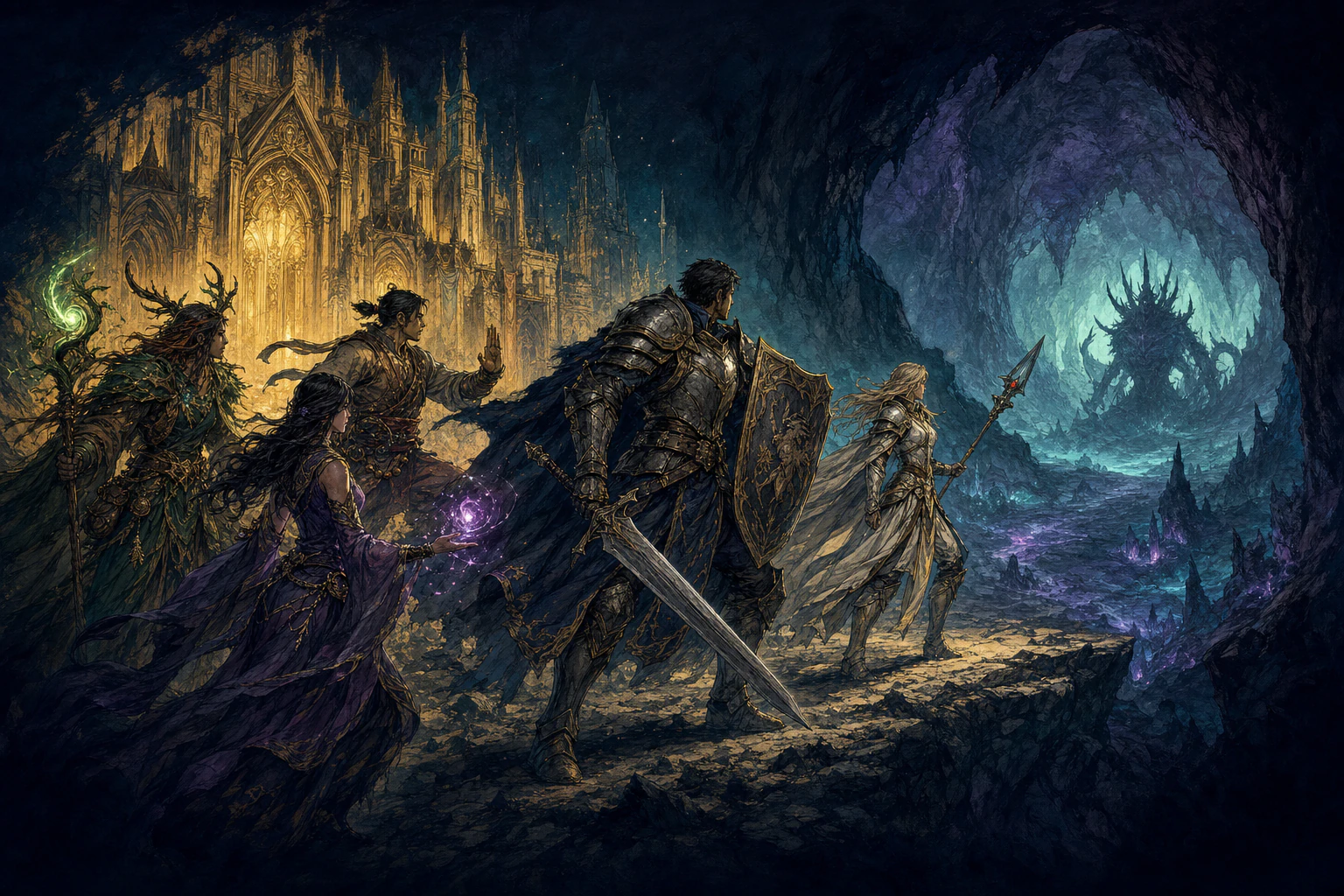 A coordinated Lumina party with different combat roles travelling from a golden city toward a dangerous boss cavern