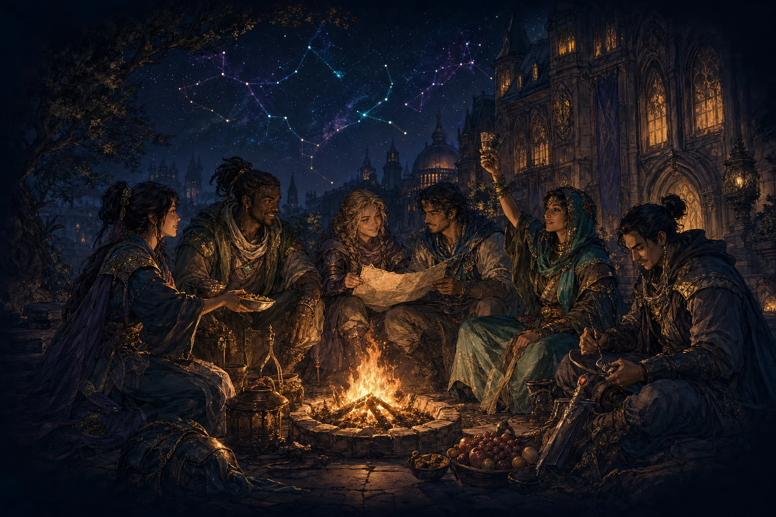International Lumina adventurers sharing stories around a campfire outside their guild hall