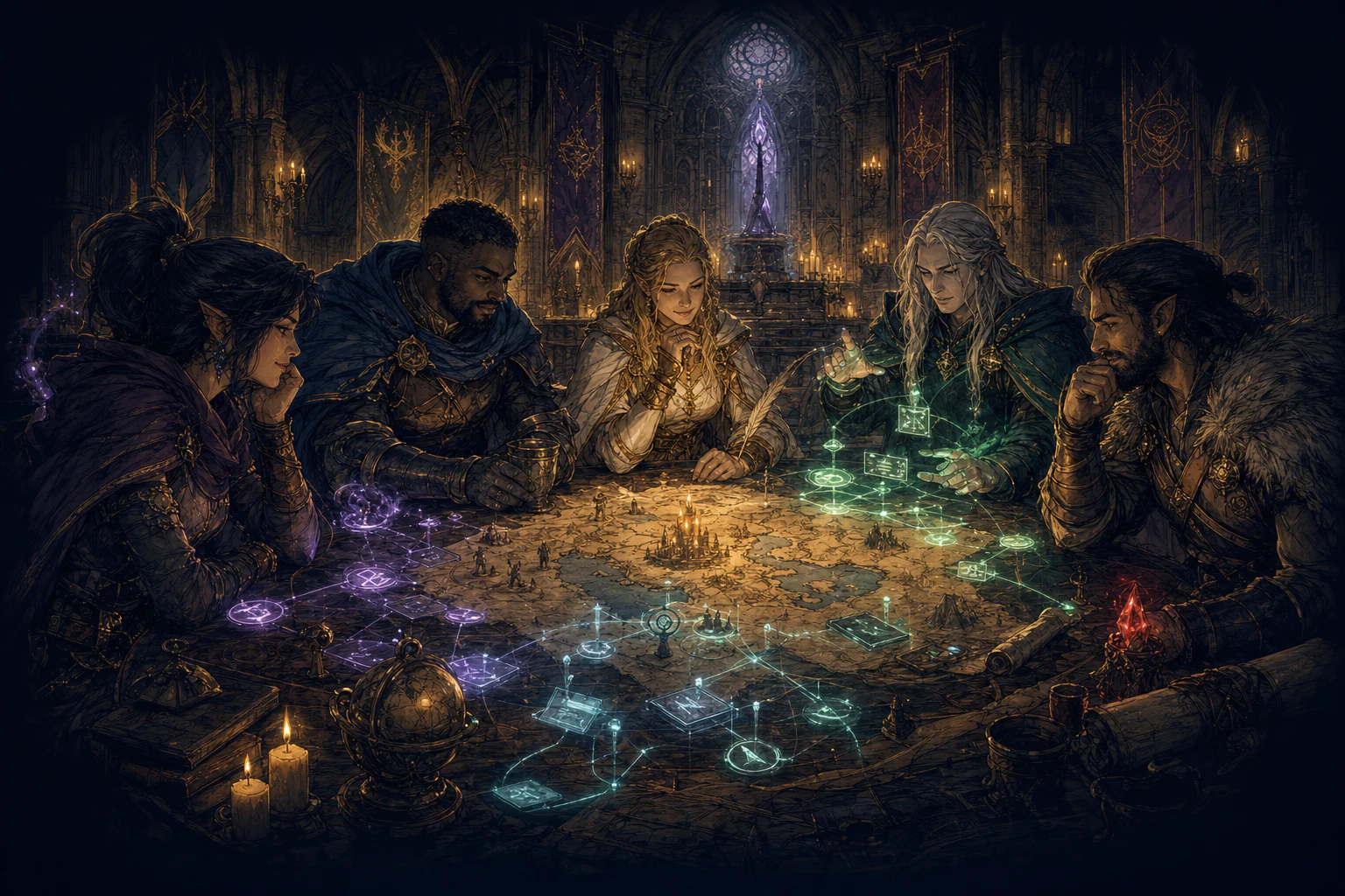 Lumina adventurers planning together around a guild table with maps and magical panels