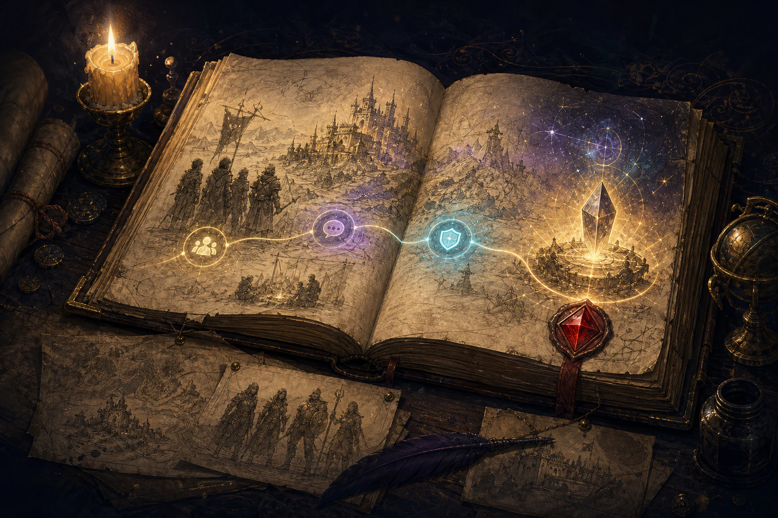 An illuminated Lumina guild chronicle open beside maps, a red seal and a glowing record of shared milestones