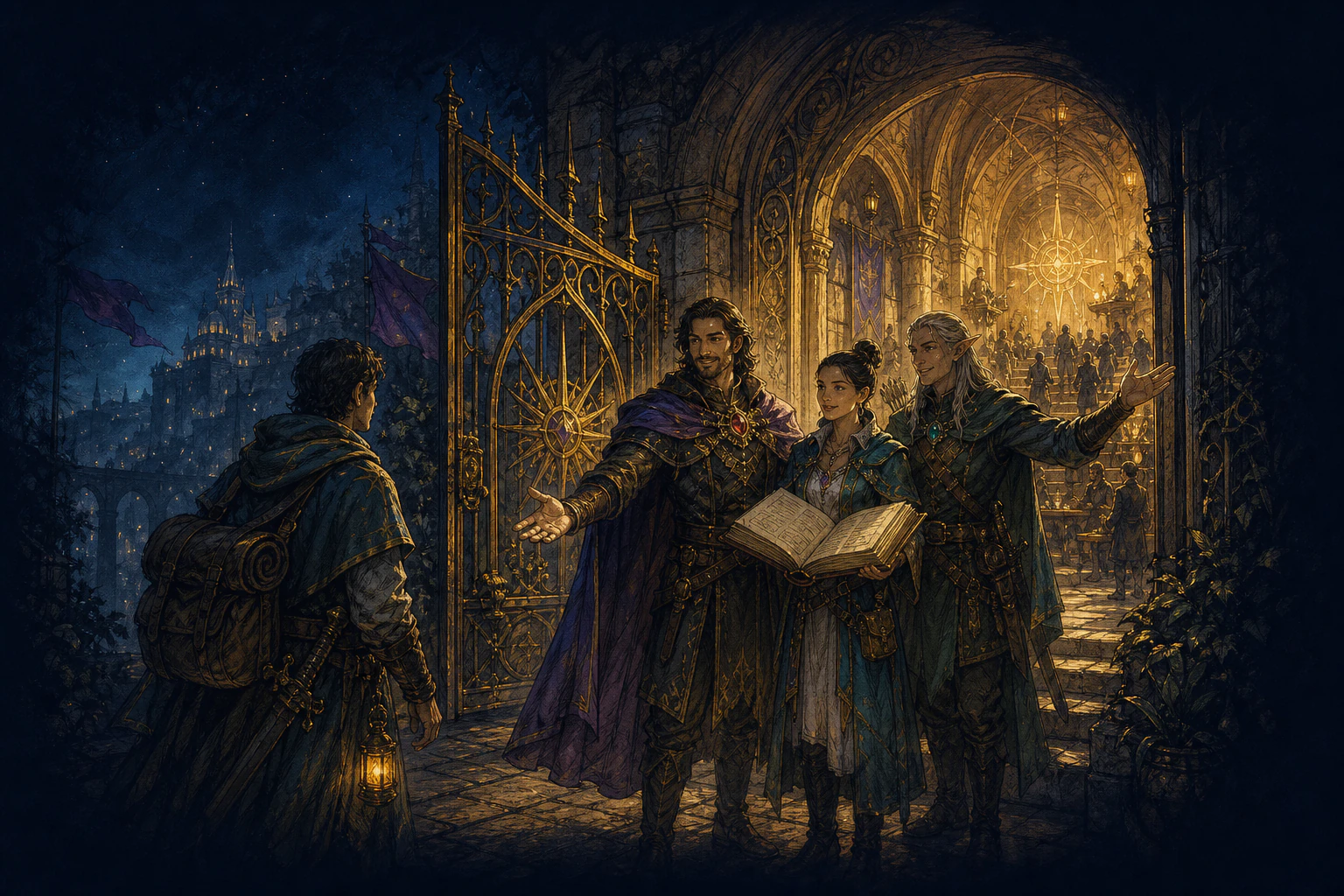 A new Tibia adventurer being welcomed by Lumina members at the open gates of a golden guild hall