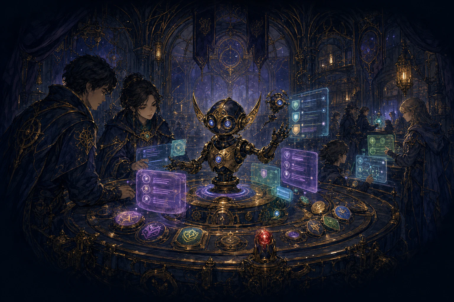 Luminox operating organized Discord systems with guild members inside a fantasy workshop