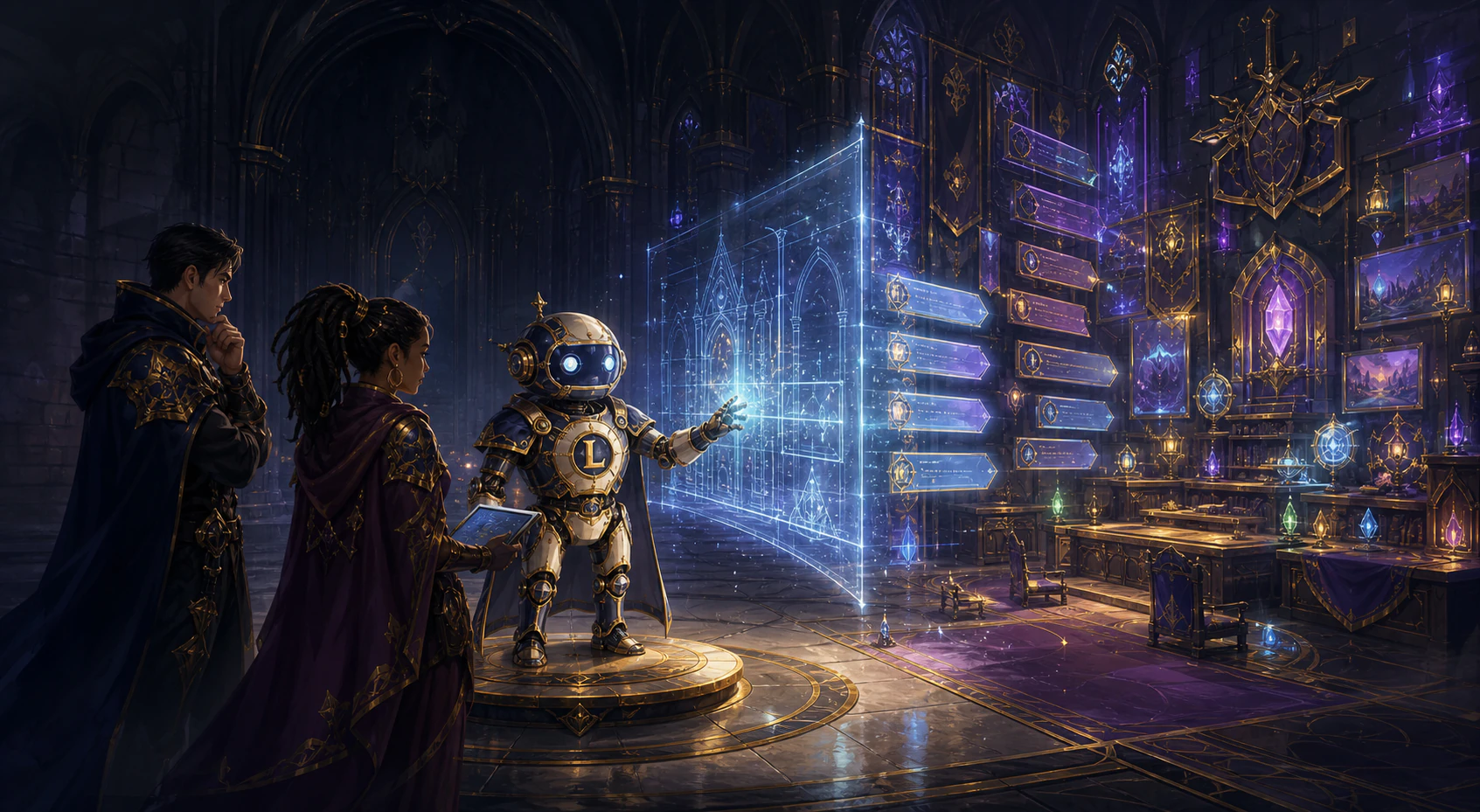 Luminox helping two Discord administrators transform a guild hall blueprint into an organized set of live systems