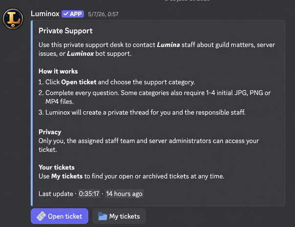 Luminox Private Support panel inside Discord with Open ticket and My tickets buttons